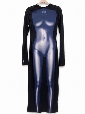 Black Graphic Illusion Body Print Long Sleeve Maxi Dress